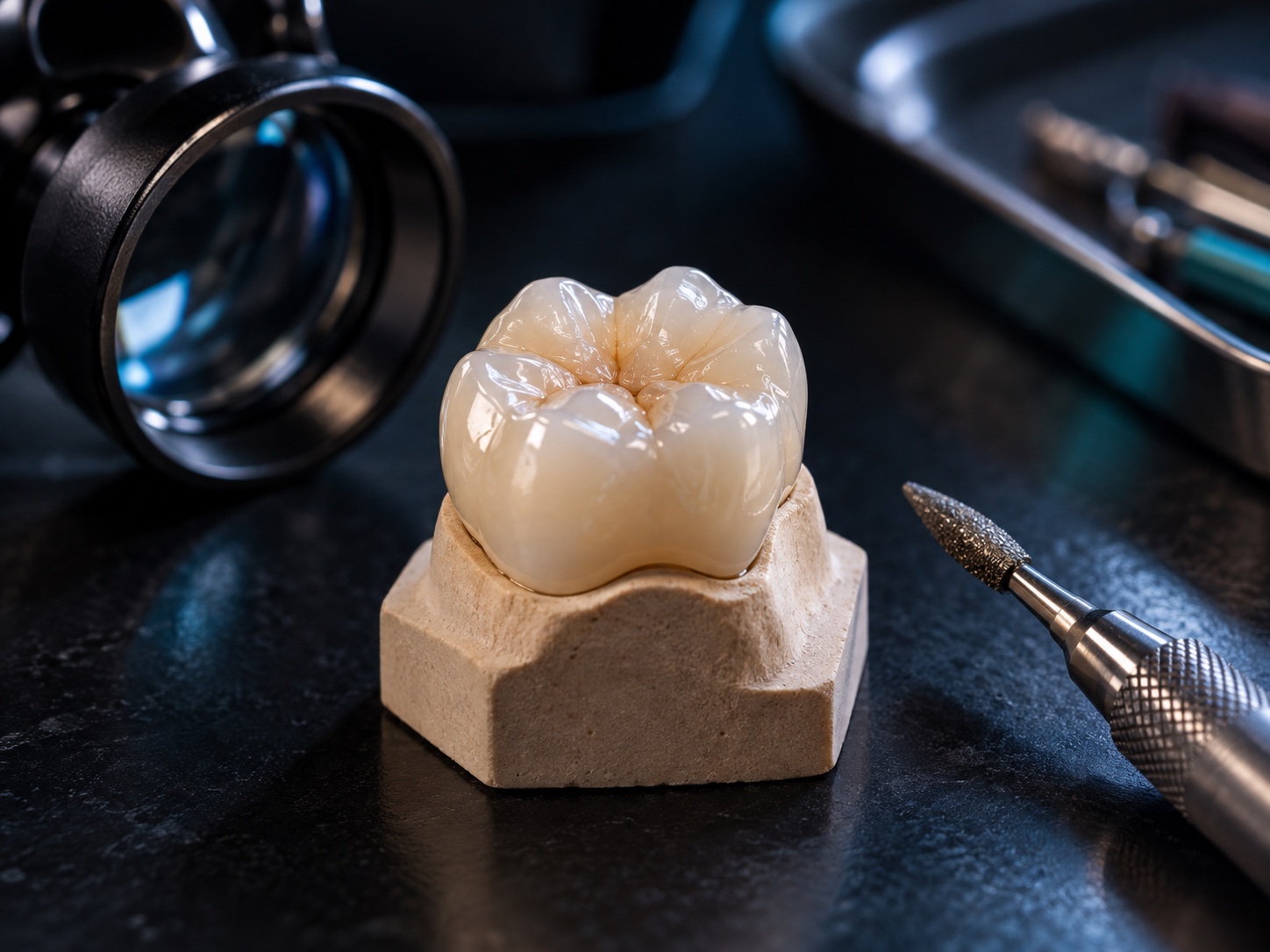 Illustrative high-translucency zirconia molar crown on a laboratory die